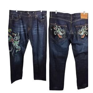 M1108)Ed Hardy 2008 Tiger Panther Snake Embroidery Button Fly Men Jeans 40Wx34L
